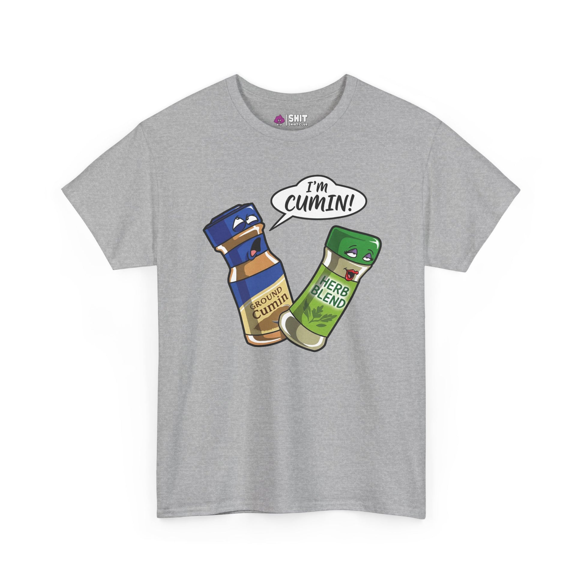 The "I’m Cumin!" Stag Do Tee is a gray shirt with cartoon spice bottles, featuring “Ground Cumin” saying “I’m Cumin!” to a surprised “Herb Blend.” A hilarious choice for group stag do outfits.
