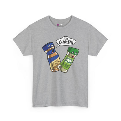 The "I’m Cumin!" Stag Do Tee is a gray shirt with cartoon spice bottles, featuring “Ground Cumin” saying “I’m Cumin!” to a surprised “Herb Blend.” A hilarious choice for group stag do outfits.