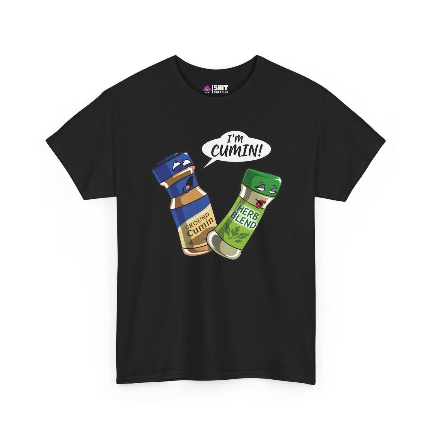 The "I’m Cumin!" Stag Do Tee is a black shirt with cartoon spice jars—one labeled Ground Cumin shouting I’m Cumin! and one Herb Blend looking surprised. It’s the perfect funny spice joke tee for any stag do collection.