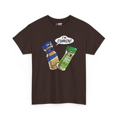 The "I’m Cumin!" Stag Do Tee is a brown novelty shirt with cartoon spice jars—Ground Cumin and Herb Blend. The excited cumin jar says, "IM CUMIN!" making it a hilarious choice for your next stag party celebration.