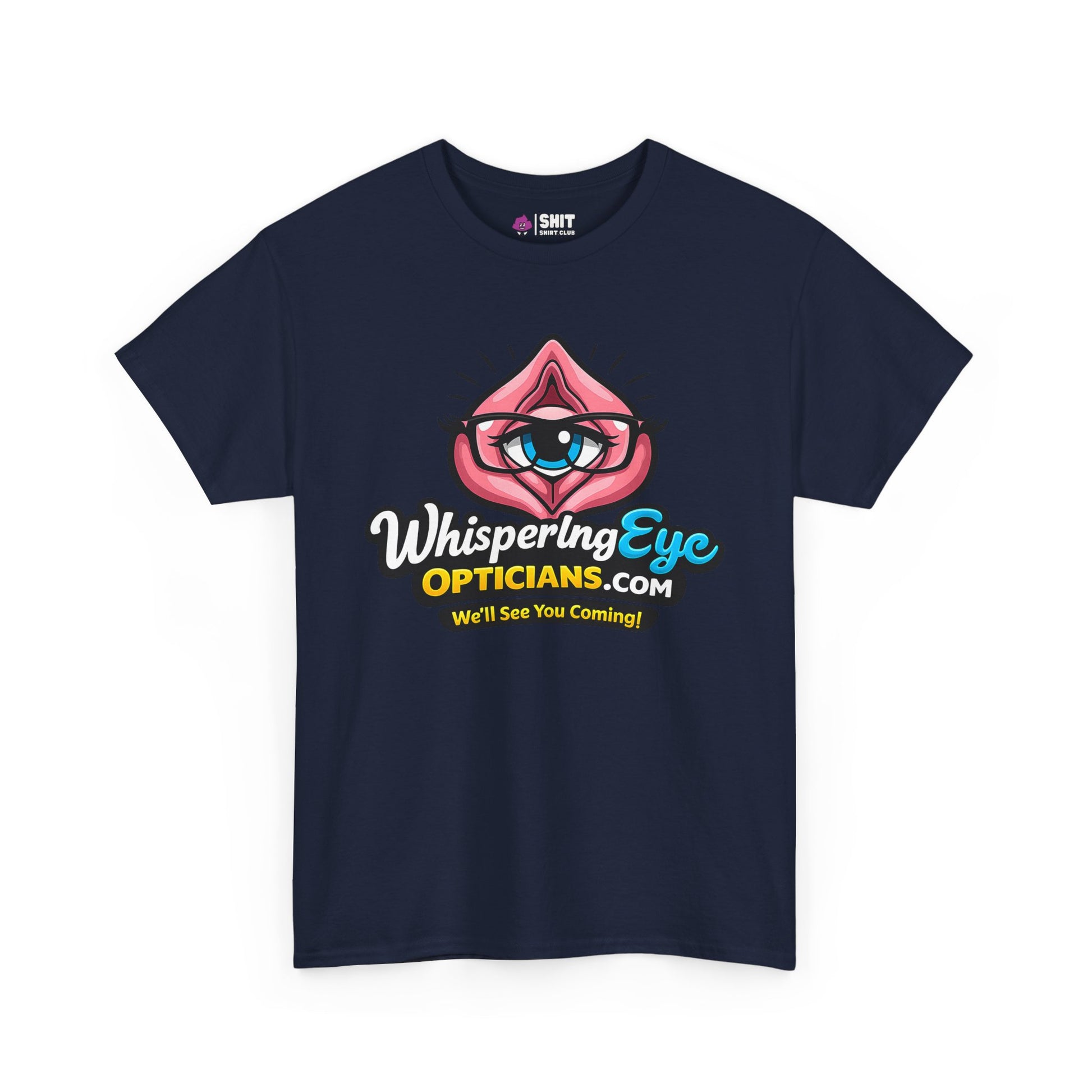 The Whispering Eye Opticians Logo Tee (We'll See You Coming!) is a navy blue stag do shirt featuring an eye inside pink lips with glasses, colorful branding, and the cheeky slogan—perfect for a fun night out.