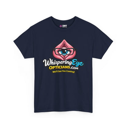 The Whispering Eye Opticians Logo Tee (We'll See You Coming!) is a navy blue stag do shirt featuring an eye inside pink lips with glasses, colorful branding, and the cheeky slogan—perfect for a fun night out.