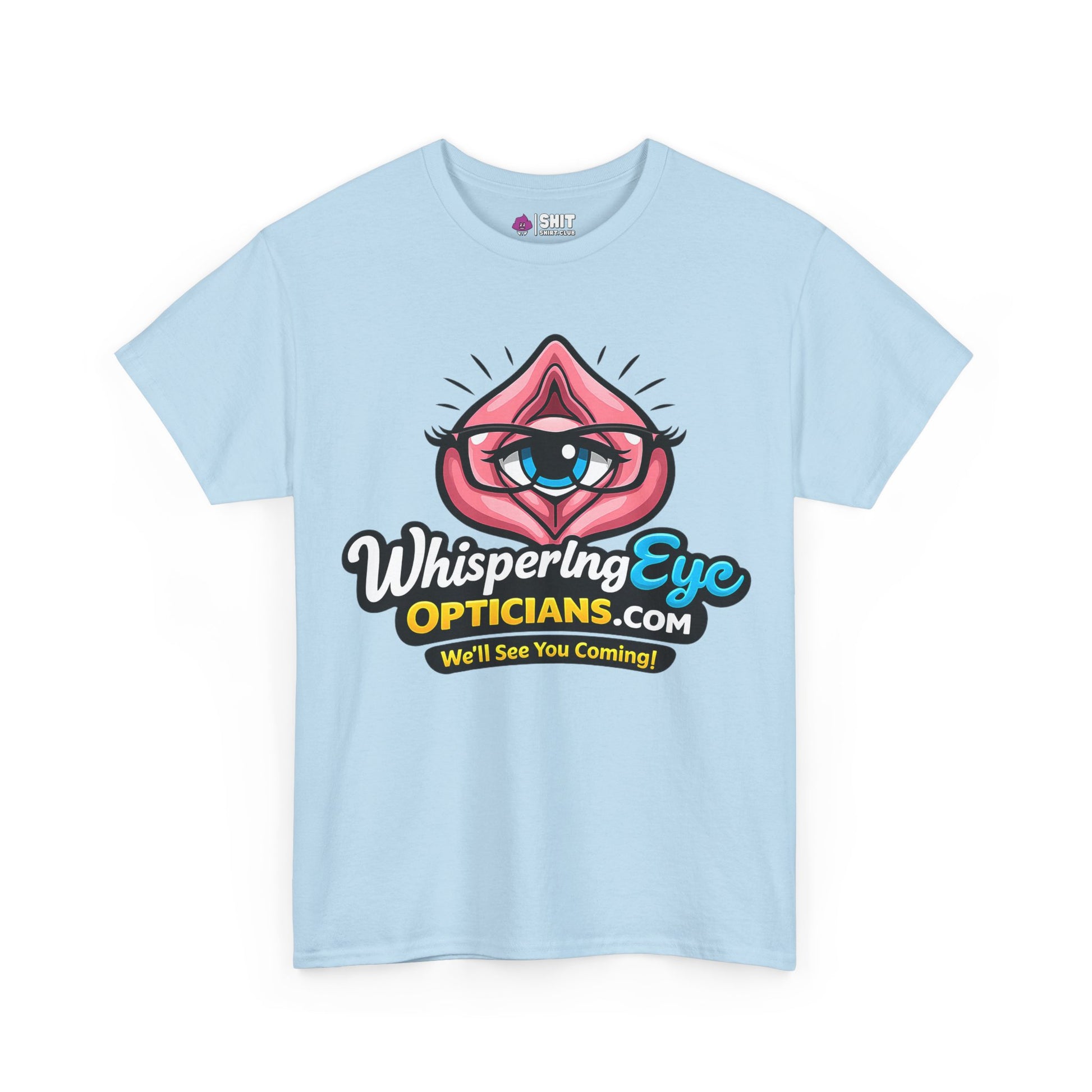The Whispering Eye Opticians Logo Tee (We'll See You Coming!) is a light blue T-shirt with a bold eye-in-lips graphic and cheeky slogan—ideal as a playful stag do shirt.