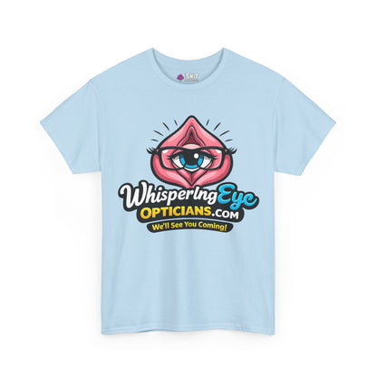 The Whispering Eye Opticians Logo Tee (We'll See You Coming!) is a light blue T-shirt with a bold eye-in-lips graphic and cheeky slogan—ideal as a playful stag do shirt.