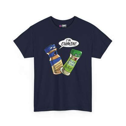 The "I’m Cumin!" Stag Do Tee is a navy blue shirt with cartoon spice bottles—Ground Cumin looking surprised and Herb Blend smiling, saying "I’m Cumin!"—a funny stag do shirt and perfect gift for the groom.