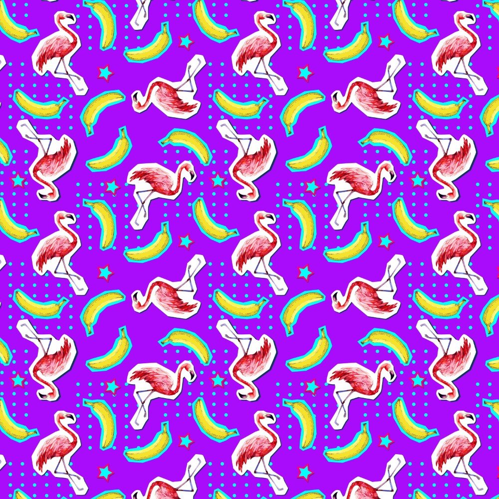 The Bananas For Flamingos Bucket Hat features a seamless pattern of pink flamingos, yellow bananas, blue high-heeled legs, teal stars, and dots on a vibrant purple background—ideal for fun flamingo-inspired style.
