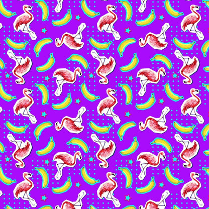 The Bananas For Flamingos Bucket Hat features a seamless pattern of pink flamingos, yellow bananas, blue high-heeled legs, teal stars, and dots on a vibrant purple background—ideal for fun flamingo-inspired style.