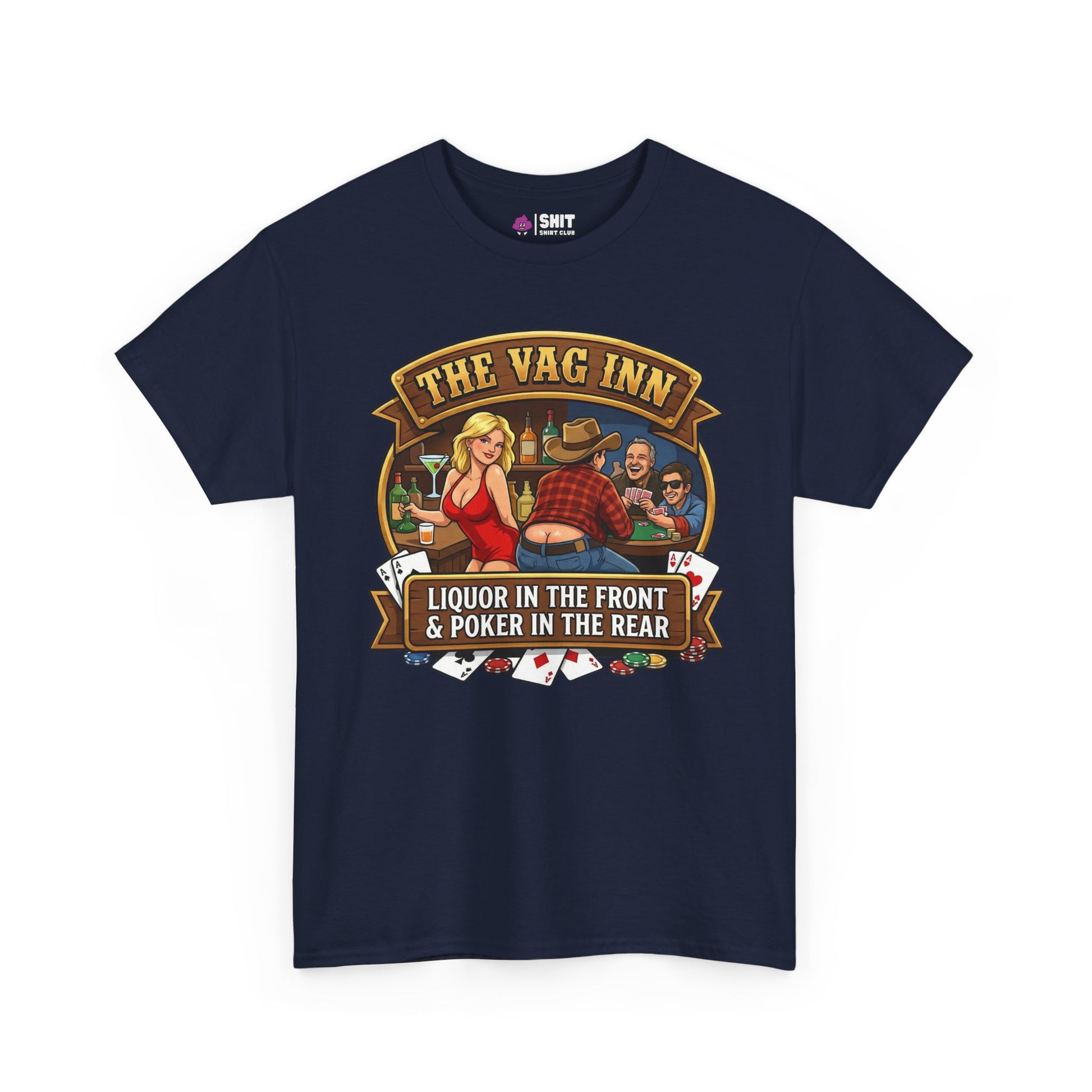 The Vag Inn Stag Do Tee in navy features a bar scene with card players. "The Vag Inn" appears above, and "Liquor in the front & poker in the rear" below—perfect for stag parties with its humorous drinks and cards design.