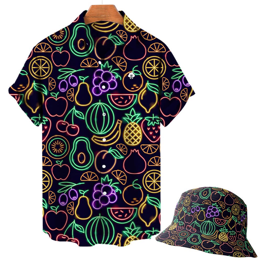 The Fluorescent Fruit Fiesta Bucket Hat is a unisex bucket hat with a vibrant neon fruit pattern—watermelon, grapes, pineapples, oranges, cherries, and more—set against a black background.