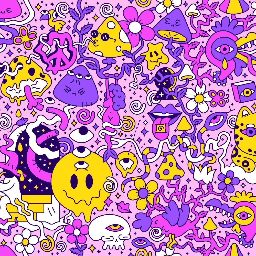The Magical Psychedelic Bucket Hat features a colorful doodle pattern of quirky cartoon faces, mushrooms, flowers, and abstract shapes in purple, yellow, and pink on light pink—perfect for festival fashion lovers seeking a trippy statement piece.