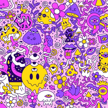 The Magical Psychedelic Bucket Hat features a colorful doodle pattern of quirky cartoon faces, mushrooms, flowers, and abstract shapes in purple, yellow, and pink on light pink—perfect for festival fashion lovers seeking a trippy statement piece.