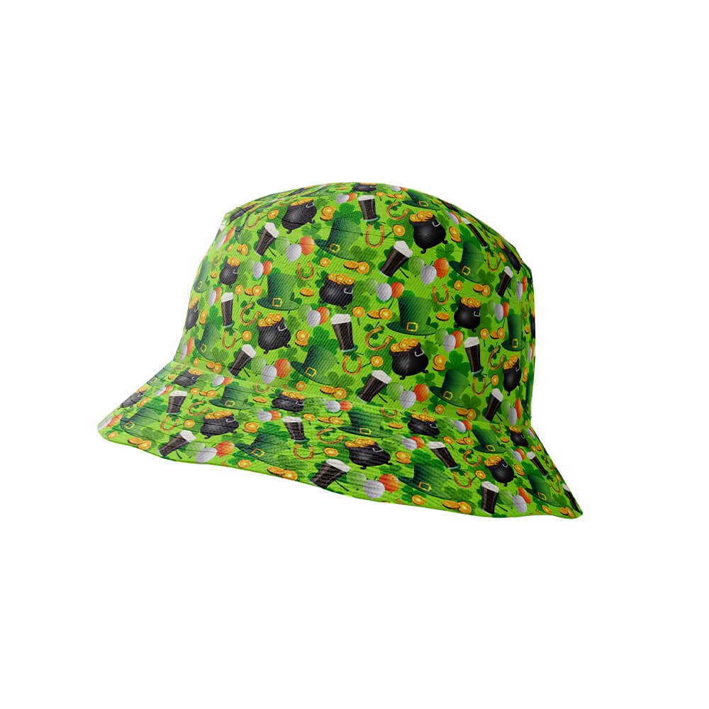 Pair your St Patricks Day Shirt with this green bucket hat, decorated in a lively pattern of black kettlebells, dumbbells, and yellow plates—an ideal match for festive celebrations.