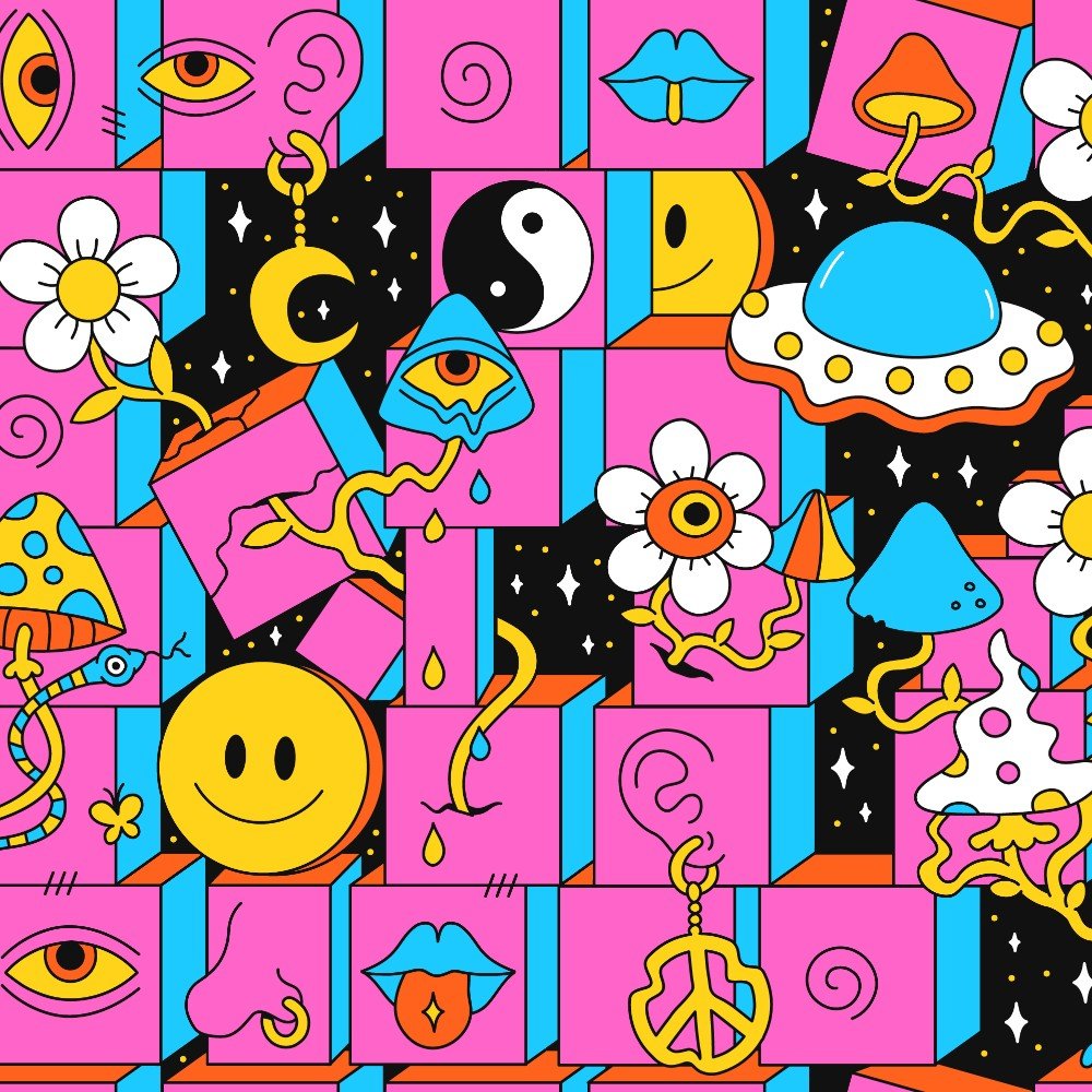 The Trippy Space Bucket Hat features a colorful, psychedelic pattern with flowers, mushrooms, smiley faces, lips, eyes, peace signs, a yin-yang symbol, stars, and abstract shapes on a pink-blue-black geometric background—ideal for festivals or bold fashion.