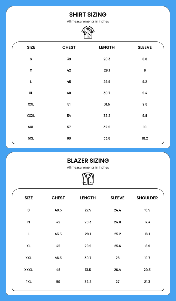 Size chart for bad shirts and blazers on a blue background.