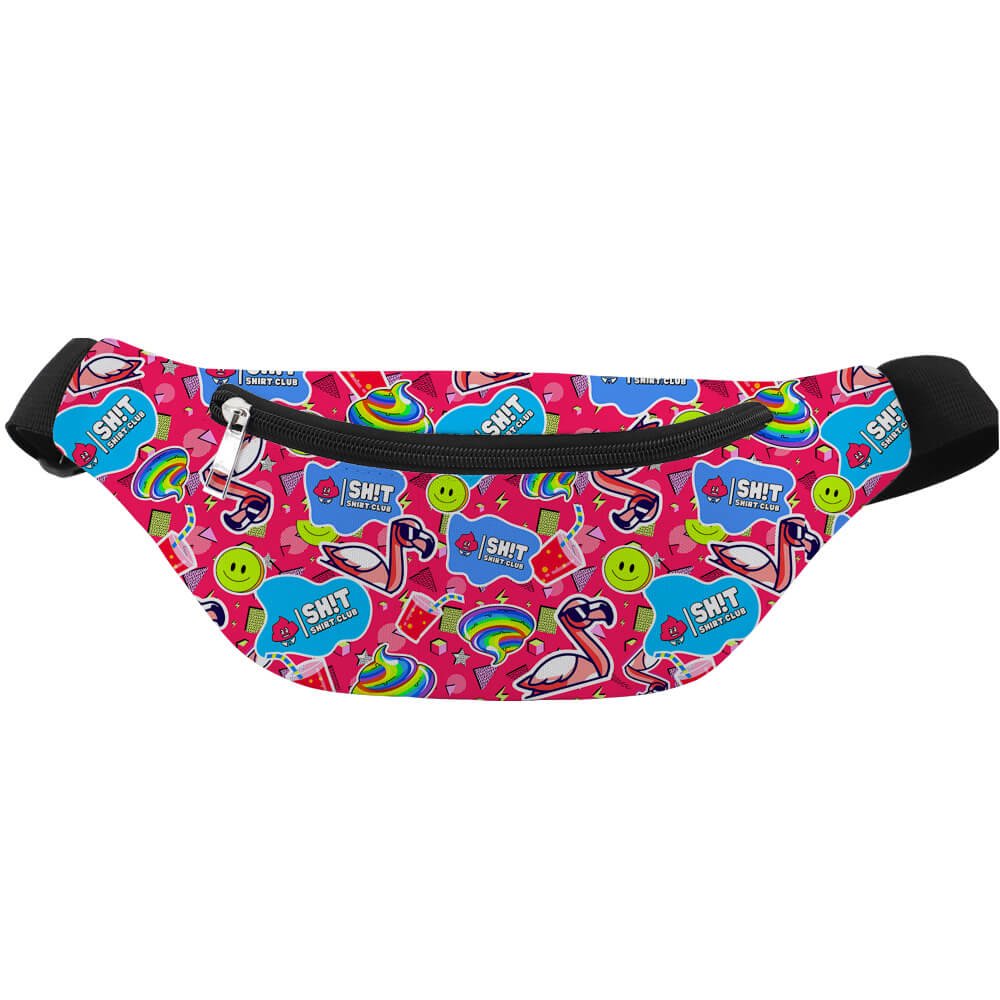 The Badass Bum Bag features a vibrant pink background with fun flamingo, rainbow, and speech bubble graphics. Its black adjustable strap and zipper make it an ideal hands-free accessory for festivals or daily use.