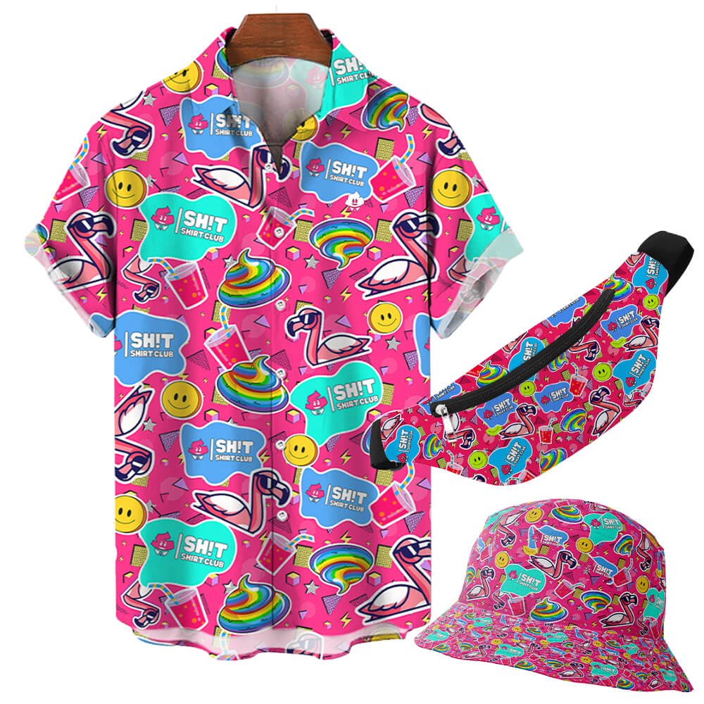 The Badass Shirt set features a short-sleeve shirt, bucket hat, and fanny pack with playful flamingos and rainbows—ideal for whimsical picnics or matching your favorite pink party decor.