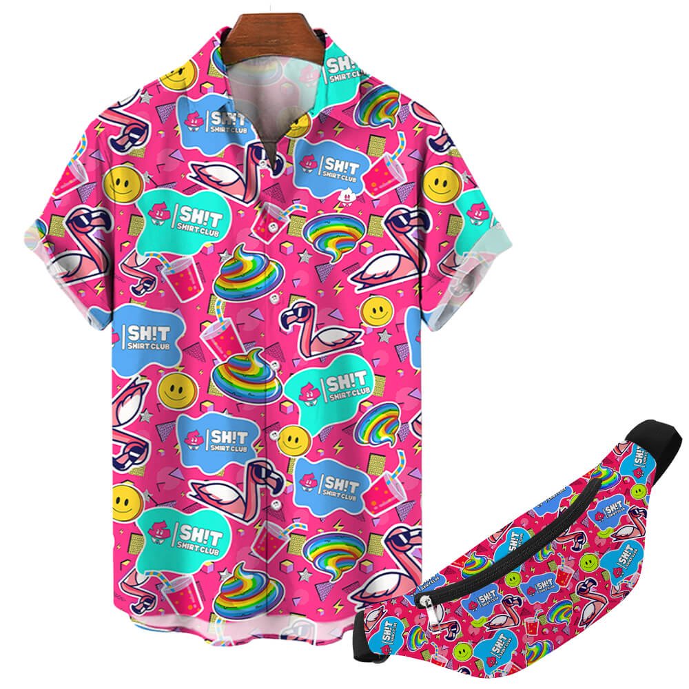 The Badass Shirt is a colorful short-sleeve shirt with a matching fanny pack, bright pink background, flamingo print, rainbows, smiley faces, drinks, and quirky text—perfect for whimsical picnic accessories or pink party decor.