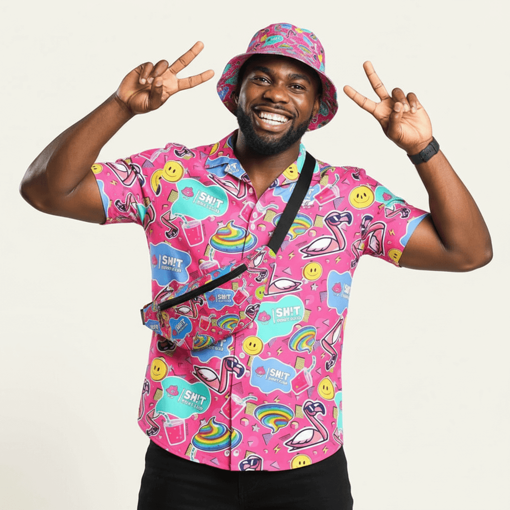 A smiling man in the Badass Shirt, featuring a colorful flamingo print, pairs it with a playful bucket hat and crossbody bag. He flashes peace signs with both hands while standing against a plain light background.