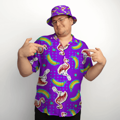 Man wearing the Bananas for Flamingos Shirt and matching Bananas for Flamingos Bucket Hat, pointing at themselves