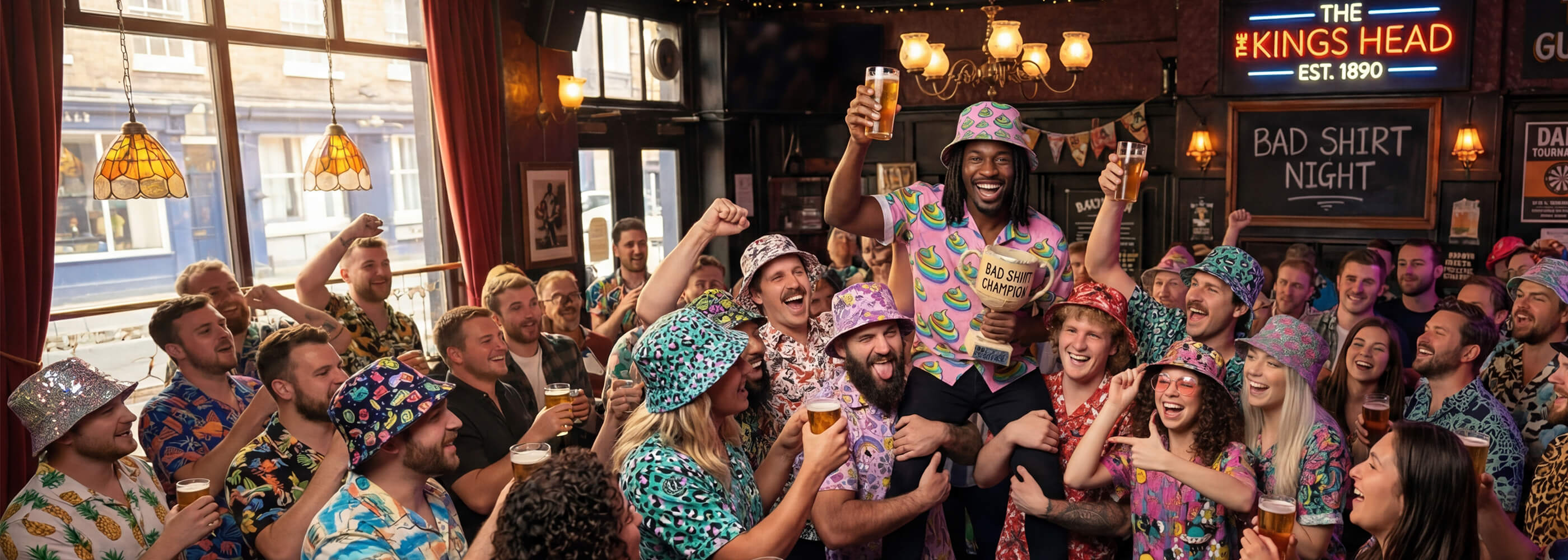 A group of people celebrating at a Bad Shirt Night in a pub with drinks and shirt shirts and hats.