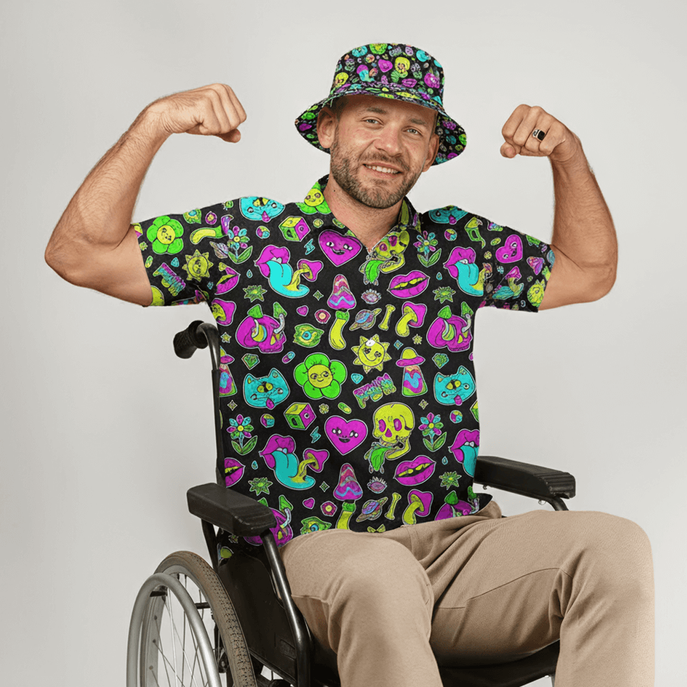 Man in a wheelchair wearing the Black Out Mushroom Shirt and matching Black Out Mushroom Bucket Hat 