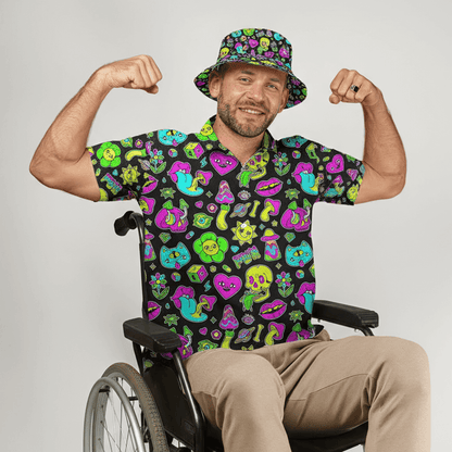 Man in a wheelchair wearing the Black Out Mushroom Shirt and matching Black Out Mushroom Bucket Hat 