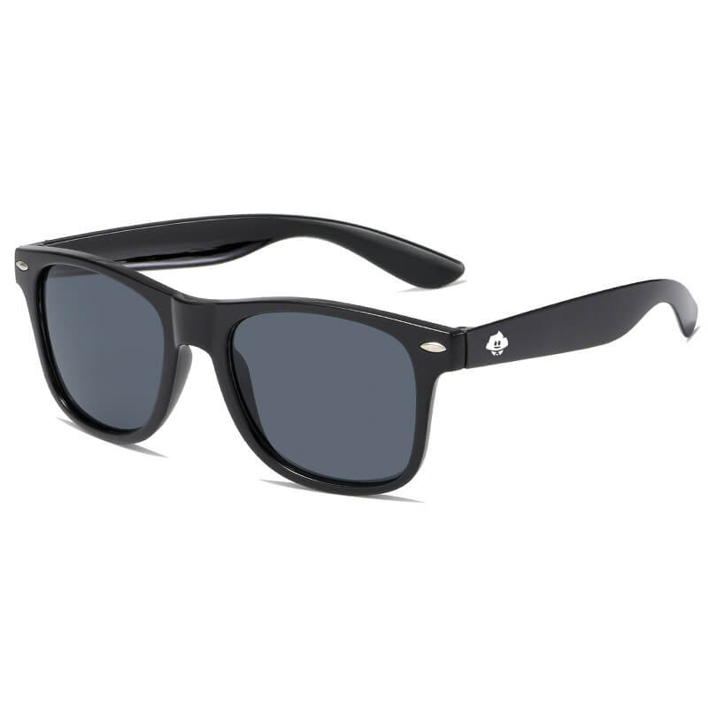 The Retro Rays are black wayfarer sunglasses with dark lenses, UV protection, and a small white logo on the right temple.