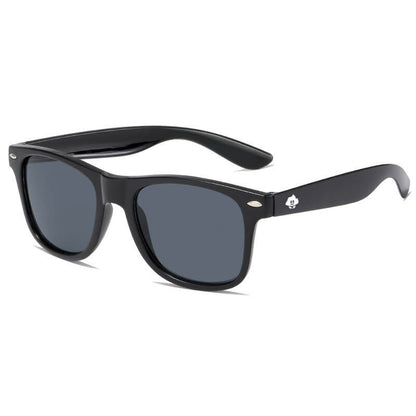 The Retro Rays are black wayfarer sunglasses with dark lenses, UV protection, and a small white logo on the right temple.