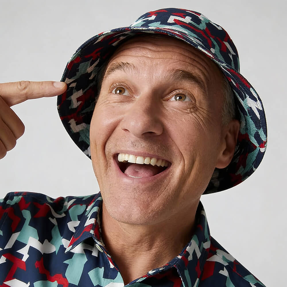 A joyful middle-aged man in a colorful shirt points at his Combat2Coffee Army Camo Bucket Hat, smiling and looking upward.
