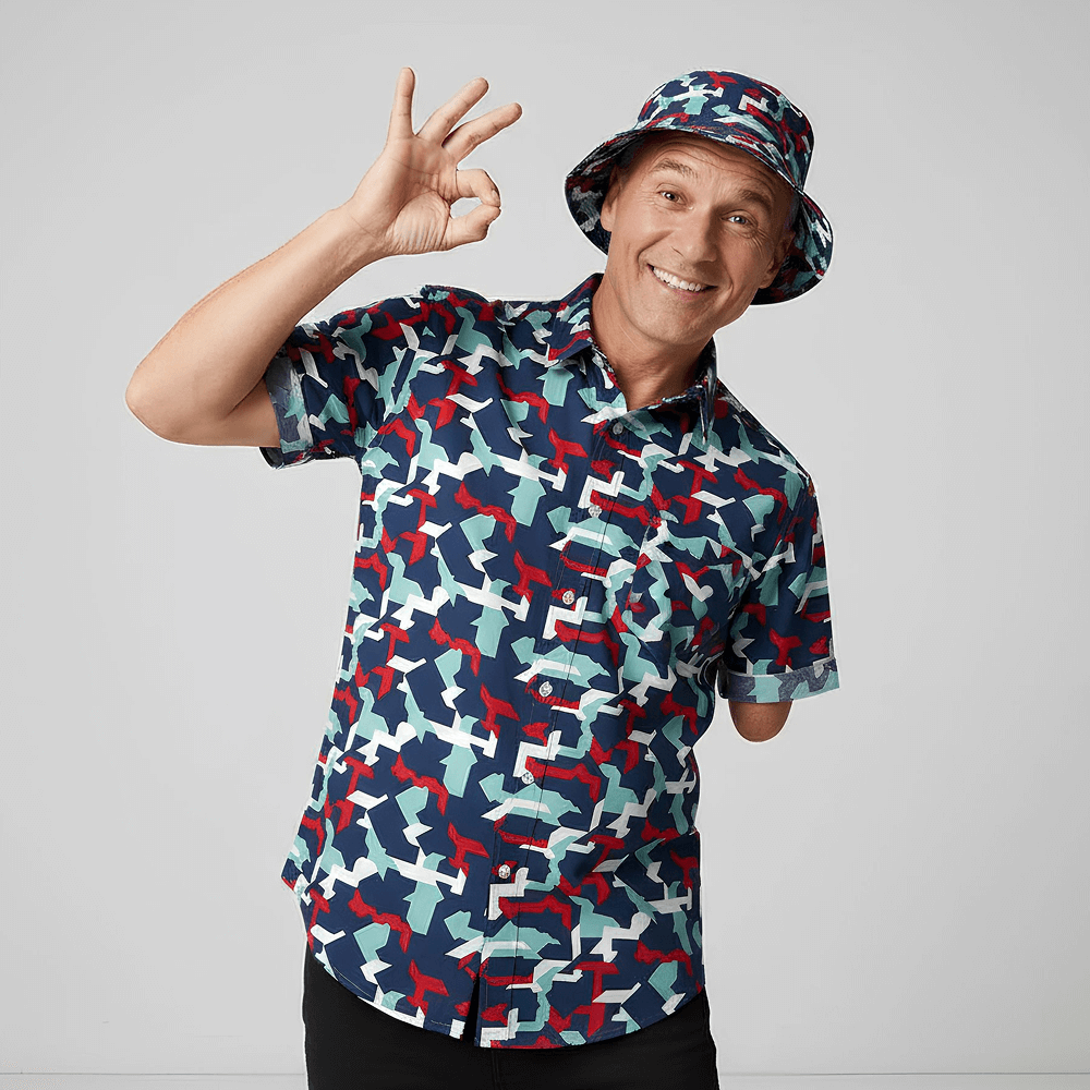 Man wearing Combat2Coffee Army Camo Shirt and matching Combat2Coffee Bucket Hat on a grey background 