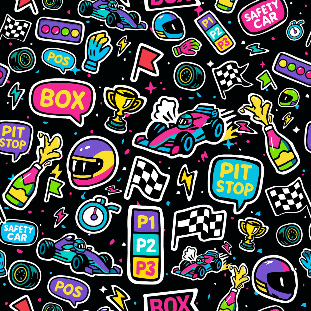 The DRS To Impress F1 Polo Shirt features a cartoon-style racing pattern with vibrant race cars, helmets, and trophies on black, accented by white outlines—ideal for adding playful energy to any funny or bold golf outfit.