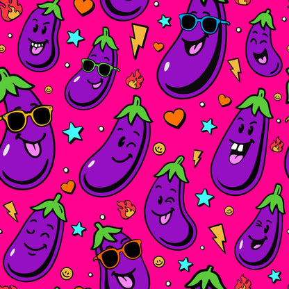The Jolly Todger Eggplant Golf Polo Shirt features a lively pattern of cartoon eggplants with fun facial expressions—some sporting sunglasses—set on bright pink, decorated with hearts, stars, smileys, lightning bolts, and flames.