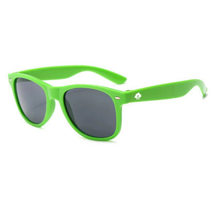 Retro Rays: Bright green Wayfarer sunglasses featuring dark UV-protective lenses and a white ace of spades symbol on the left temple.