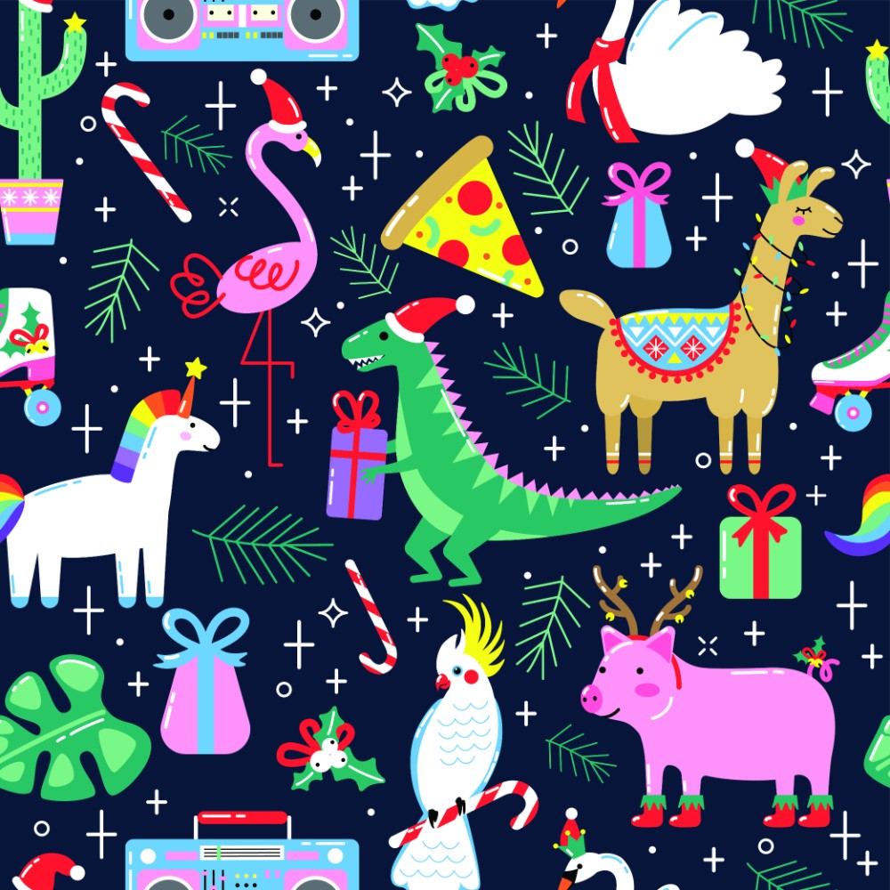 Colourful Christmas pattern of various animals and Christmas-themed items on a dark blue background.