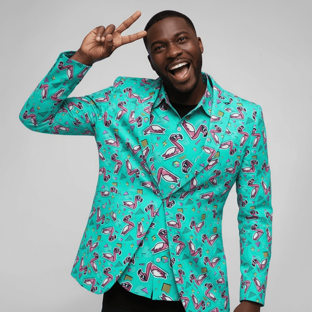 Man wearing Flamingo Fandango Blazer and Shirt against a grey background 