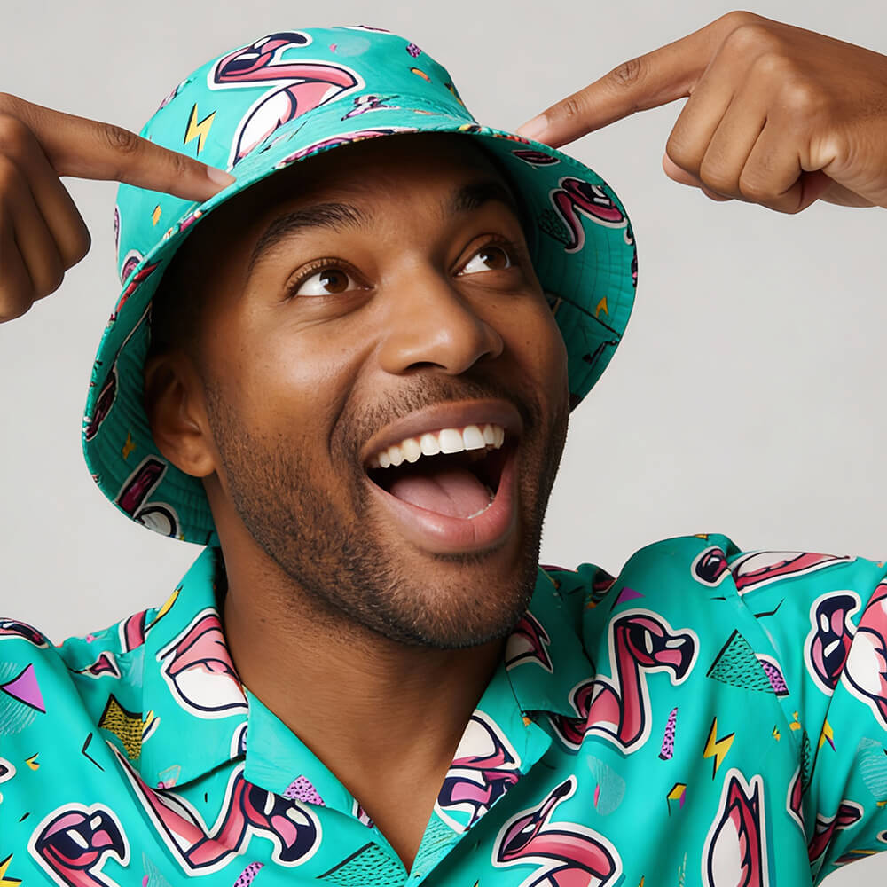 A smiling man in a turquoise shirt points excitedly at his Flamingo Fandango Bucket Hat, which features a colorful flamingo pattern.