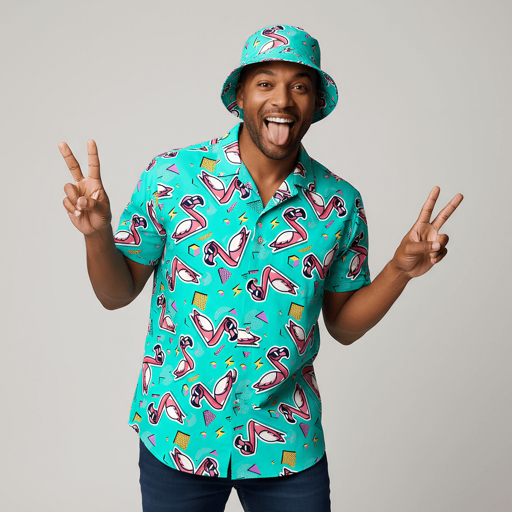 Man wearing the Flamingo Fandango Shirt and matching Flamingo Fandango Bucket Hat, making peace signs