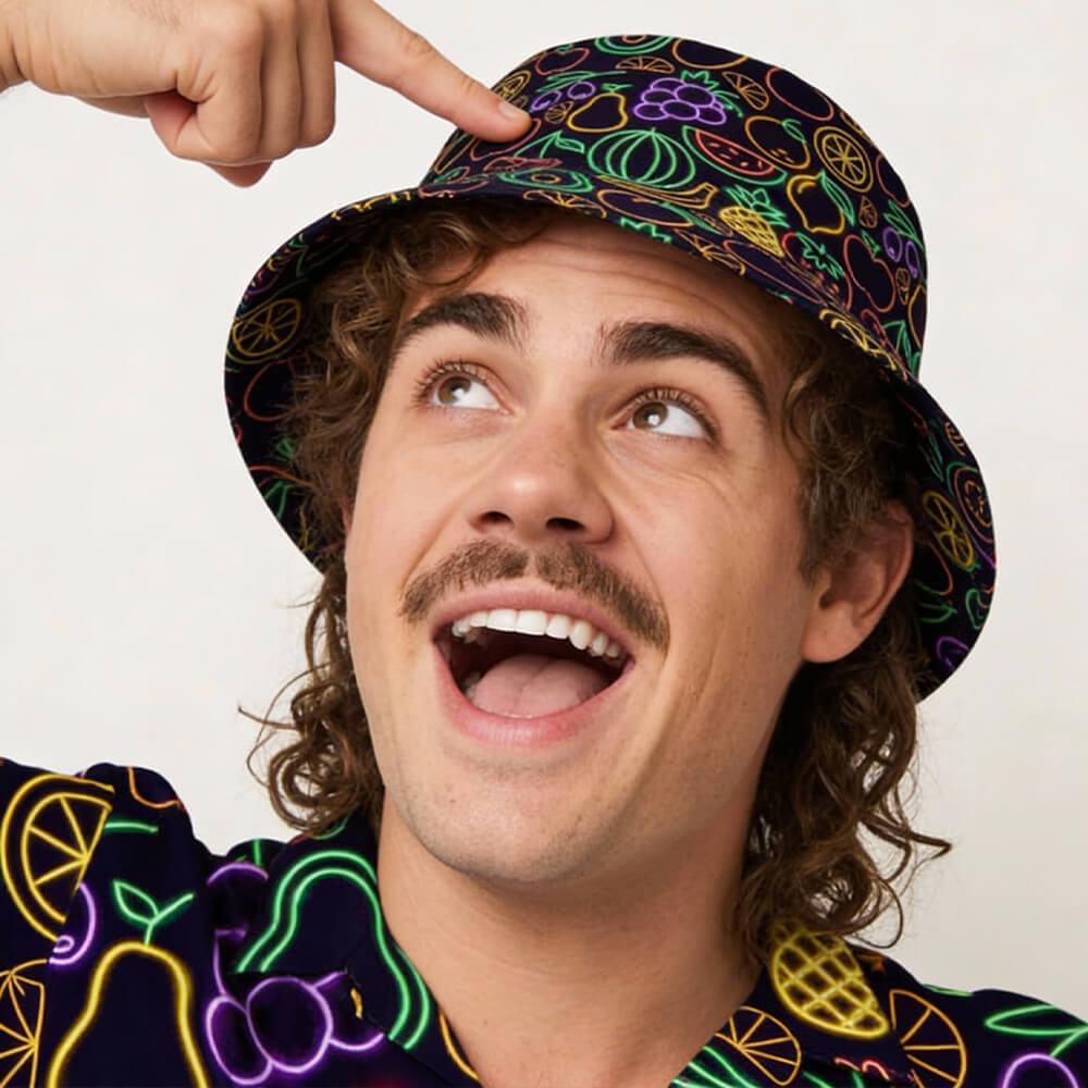 A smiling person with curly hair and a mustache points at their Fluorescent Fruit Fiesta Bucket Hat, which features colorful fruit patterns that match their shirt, exuding excitement against a plain background.