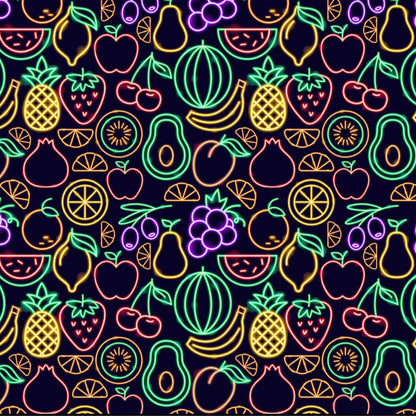 The Fluorescent Fruit Fiesta Shirt features a seamless pattern of neon fruit outlines—watermelon, banana, pineapple, cherries, and more—on a dark background for a vibrant party look.