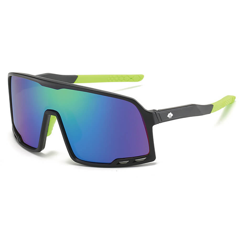 Send It Shades feature a bold, wide angular frame with reflective blue-green lenses and bright yellow-green arms—perfect festival sunglasses, shown on a white background.
