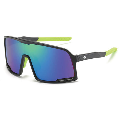 Send It Shades feature a bold, wide angular frame with reflective blue-green lenses and bright yellow-green arms—perfect festival sunglasses, shown on a white background.
