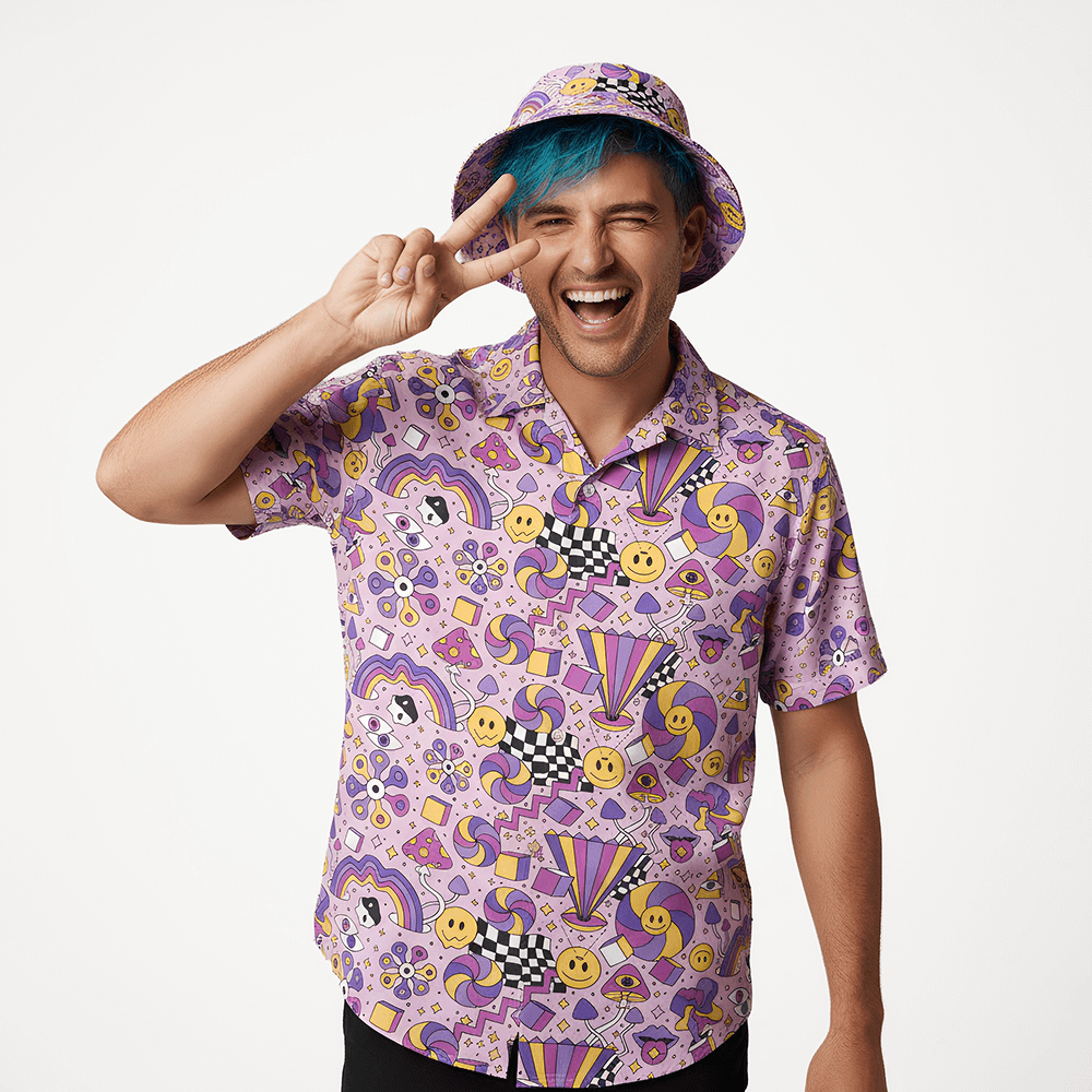 Person with blue hair wearing the Hippie Shirt and matching Hippie Bucket Hat on a white background 