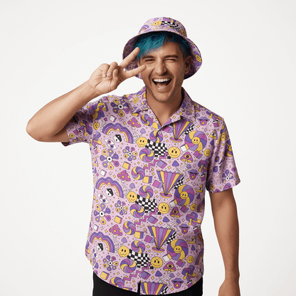 Person with blue hair wearing the Hippie Shirt and matching Hippie Bucket Hat on a white background 