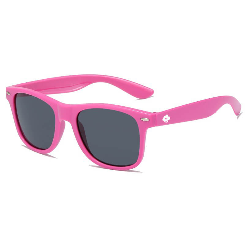 Retro Rays: Retro sunglasses with bright pink frames, dark lenses, a white temple logo, and reliable UV protection.