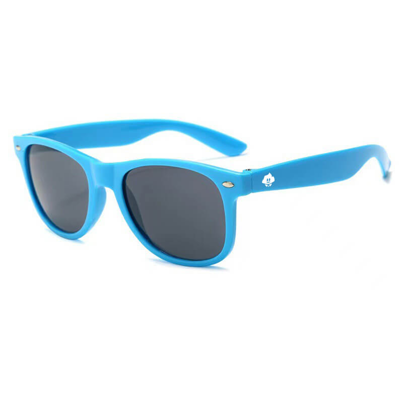 Retro Rays sunglasses with blue Wayfarer frames and black lenses, featuring a small white logo on the temple and UV protection, are shown on a plain white background.