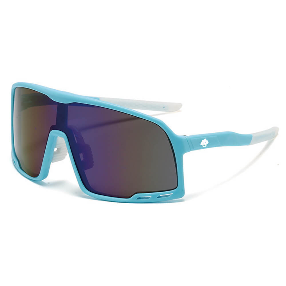 Send It Shades: Light blue shield sunglasses featuring a large, single reflective lens and a white logo on the left temple, displayed against a white background.