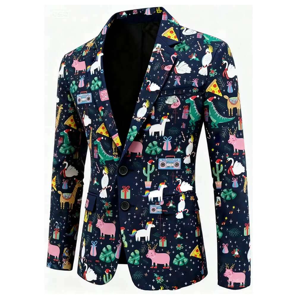 The Jungle Jingle Christmas Blazer features a navy blue background adorned with fun cartoon unicorns, llamas, flamingos, pizza, cassette tapes, cacti, ducks, and gifts—an eye-catching festive blazer for Christmas parties!.