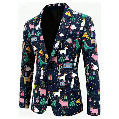 The Jungle Jingle Christmas Blazer features a navy blue background adorned with fun cartoon unicorns, llamas, flamingos, pizza, cassette tapes, cacti, ducks, and gifts—an eye-catching festive blazer for Christmas parties!.