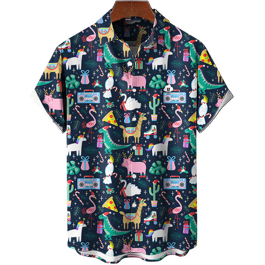 The Jingle Jungle Christmas Shirt is a short-sleeved button-up with a dark blue background featuring colorful cartoon llamas, pizzas, flamingos, cacti, boomboxes, presents, stars, and music notes—a quirky holiday style. Shown on a hanger.