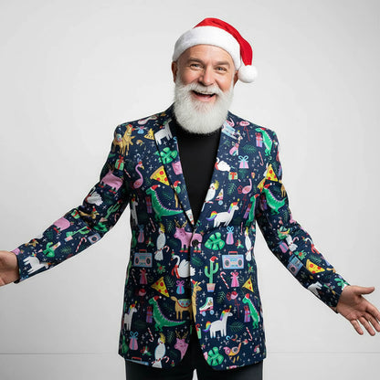 Man wearing a colourful patterned christmas blazer called the Jingle Jungle Christmas Blazer and Santa hat on a plain background